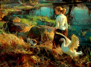 woman and swan painting daniel gerhartz