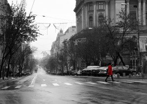 Girl in red walking on the street 3