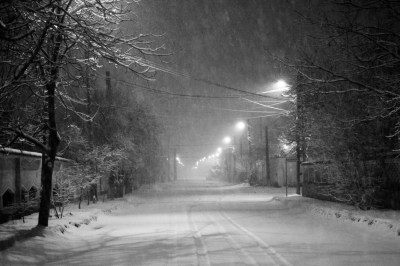snow tracks on winter street bordered by trees and tall street lamps and fences