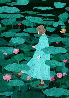 girl stepping on lotus flowers magical illustration xuan loc xuan