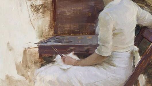 Painting of a girl in white turned with her back to us writing at a desk