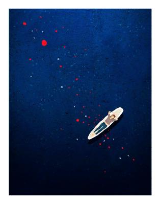 girl floating on her back in boat on sea of sleep magical illustration xuan loc xuan