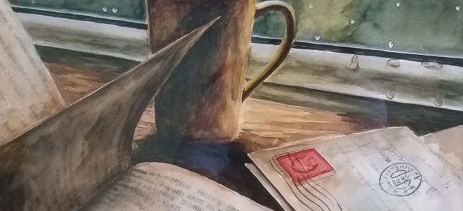 coffee books and postcards on rainy windowsill