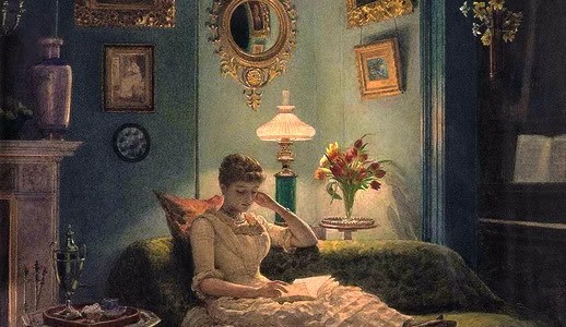 woman reading in the evening in darkly lit room painting