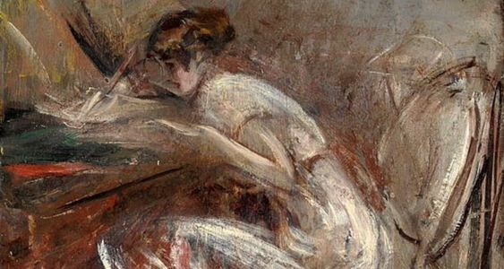 Woman writing painting loose brushstrokes by Giovanni Boldini