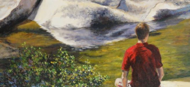 young man sitting in nature painting